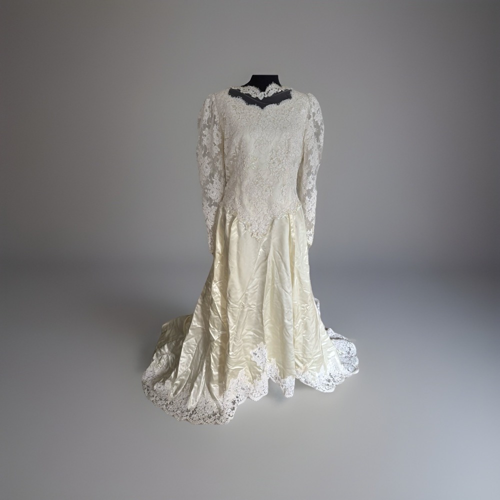 Vintage Wedding‎ Dress Bride Ivory Satin Lace Sleeve chapel Train Beaded XL